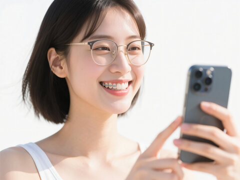 Japanese Woman Wearing Tank Top Holding Phone on White Background