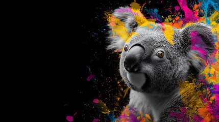 A grayscale koala head emerges from vivid paint splashes against a bold black background and glow!!!