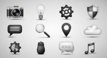 Sleek 3D Monochrome Icon Set: Camera, Lightbulb, Gears, Shield, Chat, Search, Location, Cloud, Flask, Music for Modern UI/UX Design