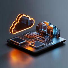 Futuristic digital cloud connecting to advanced circuit board, symbolizing data transfer and modern technology integration for business innovation.