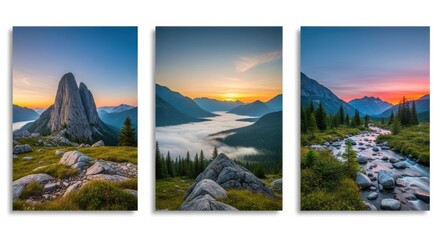 Triptych of stunning mountain landscapes showcasing sunrise, fog, and a flowing stream at dusk
