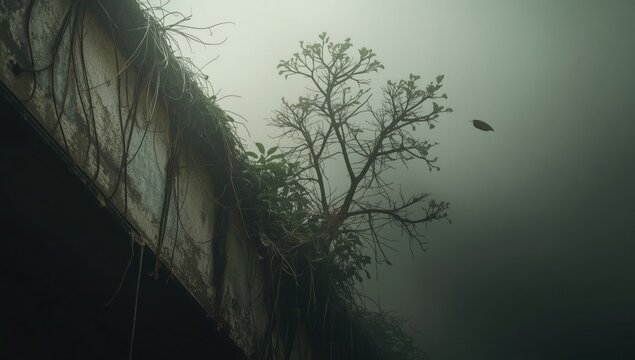 Overgrown concrete structure features a small tree sprouting from the edge, with dangling vines and foliage contrasting against a foggy, muted green atmosphere where a single leaf floats.
