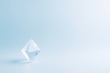 Transparent glass octahedron in lower left corner on soft blue white gradient background minimal 3D scene with clean space for text futuristic elegant composition for tech and science visuals