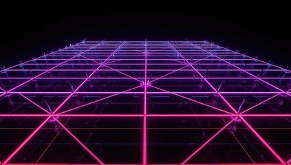 Illuminated grid structure with neon lines creates a geometric design against a dark backdrop, emitting vibrant pink and purple hues, creating an abstract and modern visual appeal with perspective.