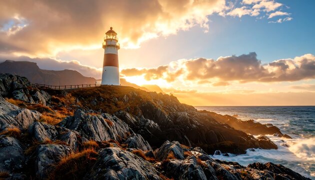 Lighthouse at sunset with scenic coastal landscape with mountains, waves, and and cloudy sky.