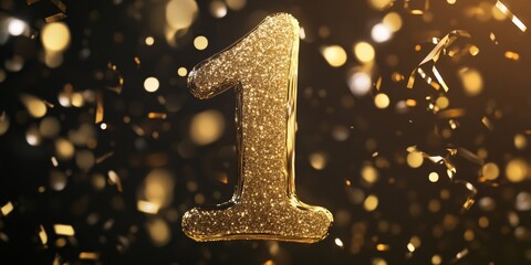 Celebrate your ultimate success with a dazzling golden number one surrounded by shimmering confetti and bokeh lights