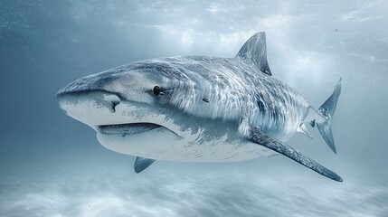 Fototapeta premium Majestic Shark Swimming Gracefully Underwater in Clear Ocean Waters