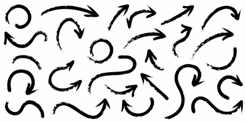 Collection of hand drawn black brush stroke arrows and circles on a white background