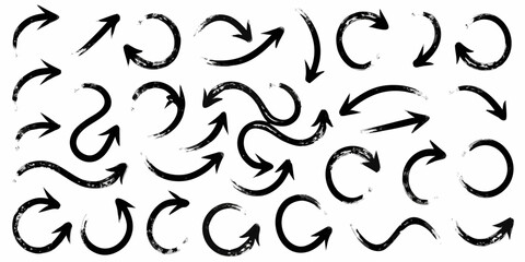 Collection of diverse hand drawn black grunge arrows with a textured brush stroke effect on a white background