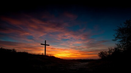 Obraz premium cross silhouetted against the sunset sky