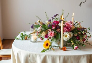 Elegant rustic wedding table setting with wildflowers, candles, and linen tablecloth, rustic,  candles