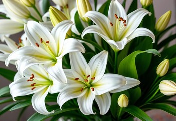 Fototapeta premium Elegant white lilies arranged in a bouquet, lush and full, romantic, bouquet