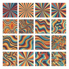 A collection of 16 abstract retro-style graphic design patterns with a vintage color palette.
