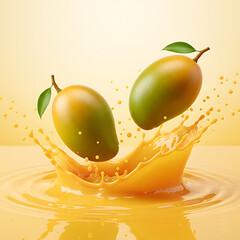 Dynamic Splash: Two Mangoes Dropping into Golden Juice