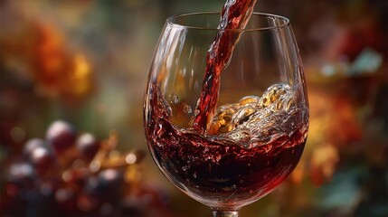 Pouring Rich Red Wine into a Glass Surrounded by Grapes and Leaves