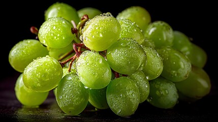 Fresh Green Grapes with Water Droplets on Dark Background