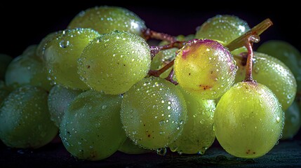 Fresh Green Grapes with Water Droplets on Dark Background