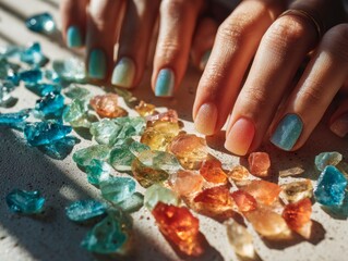 Woman's hands showing colorful gradient manicure with sea glass