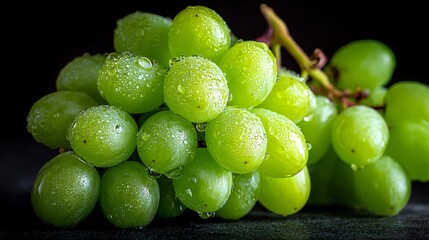 Fresh Green Grapes with Water Droplets on Dark Background