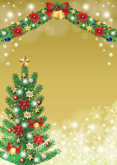 クリスマス背景、ツリーとモール、金、かわいい、イラスト、縦