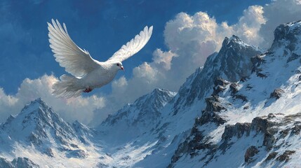 Majestic White Dove Soaring Over Snowy Mountain Landscape