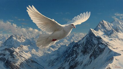 White Dove Flying Over Majestic Snow-Capped Mountain Range