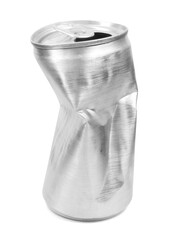 Crumpled empty blank aluminium can isolated on white background