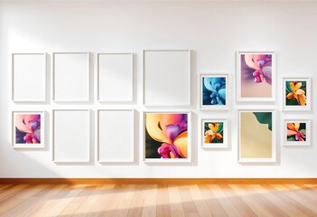 Fototapeta premium Modern minimalist white gallery wall with empty frames, various sizes, modern, minimalist
