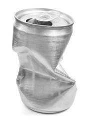 Crumpled empty blank aluminium can isolated on white background