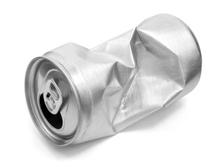 Crumpled empty blank aluminium can isolated on white background