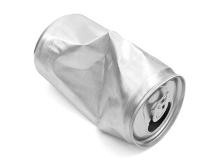 Crumpled empty blank aluminium can isolated on white background