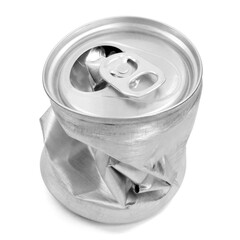 Crumpled empty blank aluminium can isolated on white background