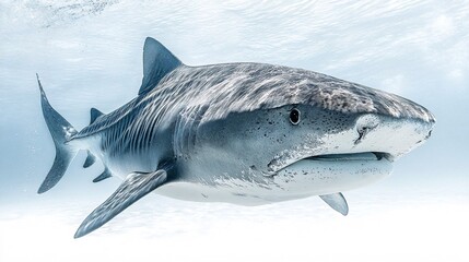 Majestic Tiger Shark Swimming Gracefully Underwater in Clear Ocean