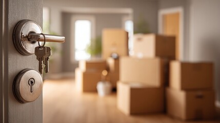 Open doorway with keys and cardboard boxes suggesting relocation