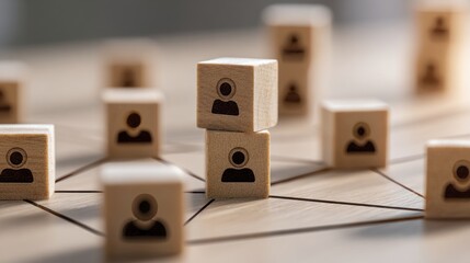 Wooden blocks with people icons connected by lines business network concept