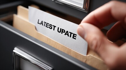 Close up of hand pulling a file tab from a drawer with the words latest update