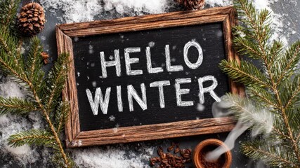 A charming flat lay composition captures the essence of the winter season, featuring a rustic chalkboard sign with "HELLO WINTER" written in crisp white chalk. The board is artfully arranged amidst a 