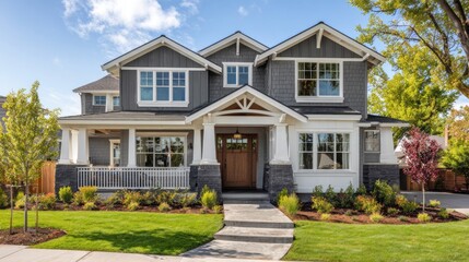 Exterior view of a modern two story residential house under a clear sky