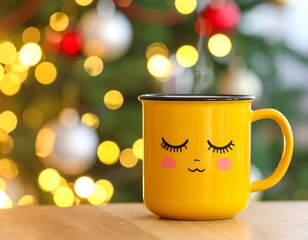 A yellow mug with a cartoon face sits before a bokeh Christmas tree