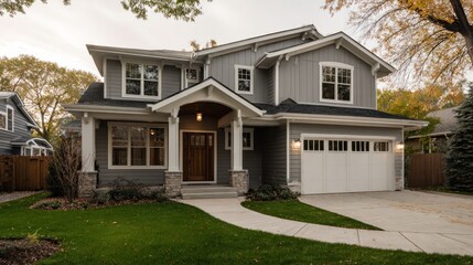 Exterior of a modern house with a front yard and a driveway on a cloudy day