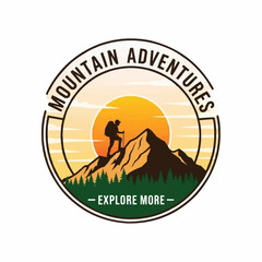 Mountain Adventures Logo Featuring a Hiker Climbing a Peak at Sunset.