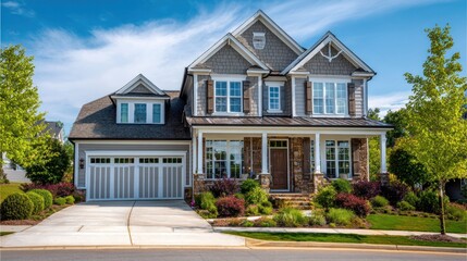 Residential house exterior with landscaping and blue sky daytime