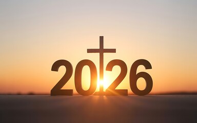 Inspiring New Year 2026 with a Christian Cross Silhouette Against a Golden Sunset Backdrop