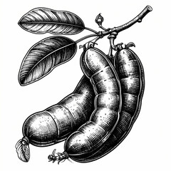 Detailed tamarind pod illustration showcases vintage engraving in ink with organic textures.