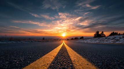 Road leading to sunset with vibrant orange and yellow hues scenic landscape