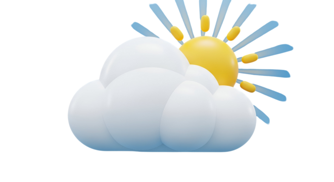 3d icon of cartoon weather icon with sun and cloud isolated on transparent background, representing sunny and cloudy weather