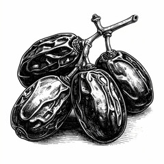 Detailed vintage engraving of clustered dates on a stem, hand-drawn with black ink, isolated.
