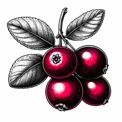 Detailed Vintage Engraving Of Cranberry And Leaves With Scratchboard Style Texture