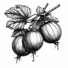 Vintage Hand Drawn gooseberry With Berries Showcases Detailed Engraving Scratchboard Style