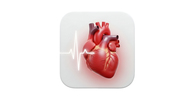 3d icon of human heart with heartbeat line isolated on transparent background medical and healthcare concept with organ and pulse